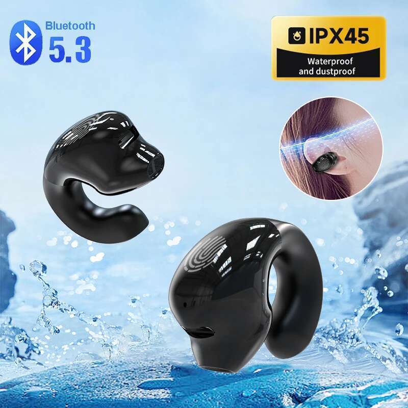 Wireless Ear Clip on Headphone TWS Bluetooth 5.3 Earphone Single in-Ear HiFi Stereo Touch Control Sports Headset with Mic