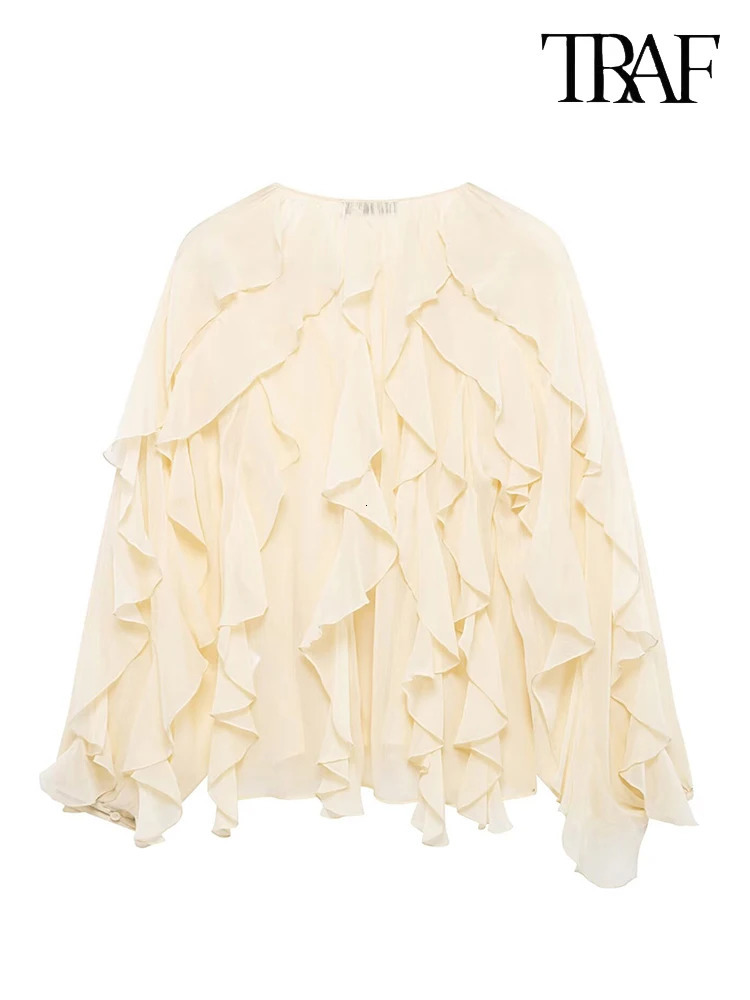 TRAF Womens Fashion Solid Color Multi Layer Ruffle Shirt Unique Perspective Vneck Single Chest Long Sleeve High Neck Top 250407