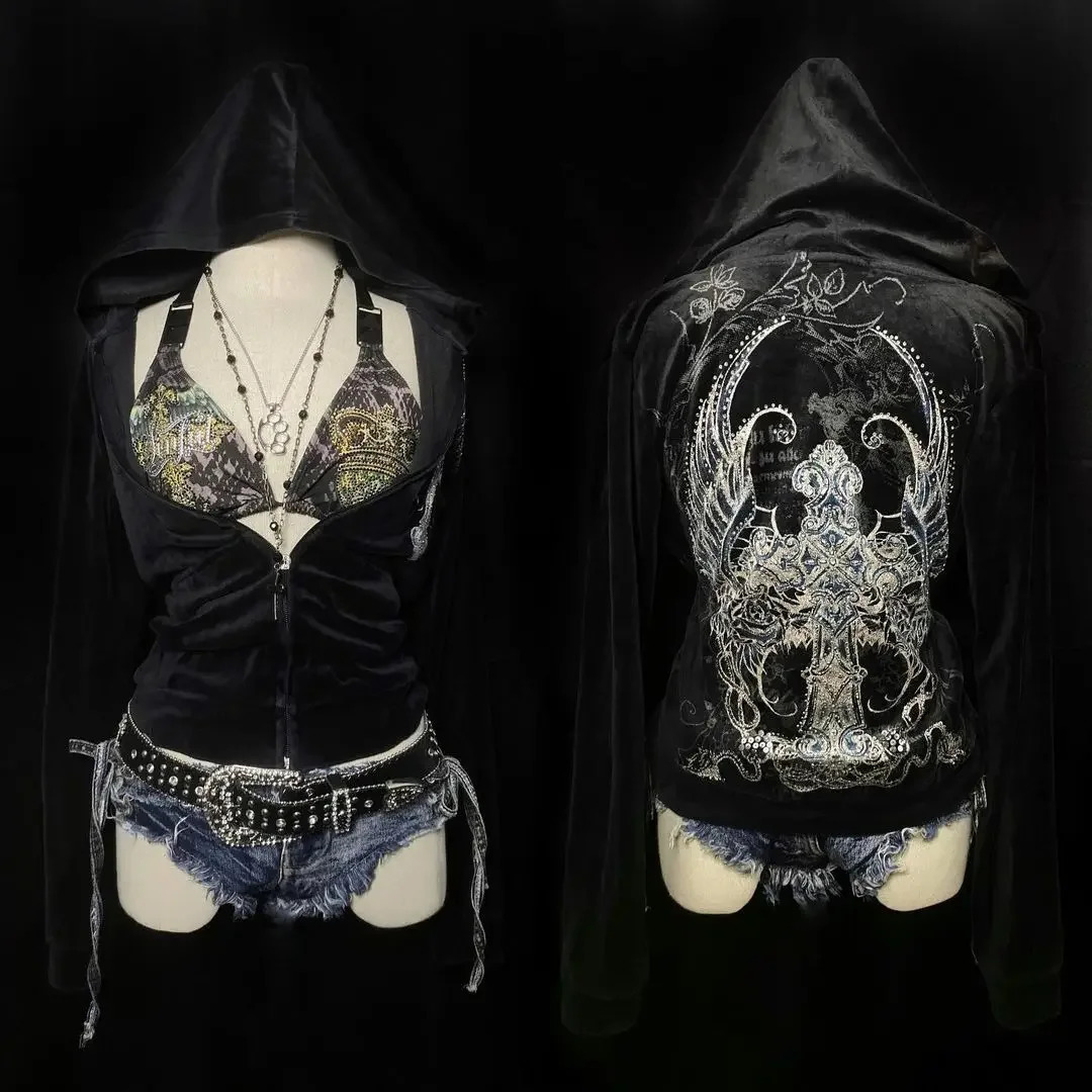 Y2K top trend retro rock spice hiphop ultrathin highquality zipper cover womens Harajuku Gothic punk casual Kopo street hoodie 250403