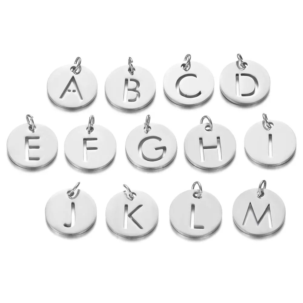 10 piecesbatch 12mm round AZ initial pendant 316L stainless steel letter charm fashion name used for making DIY necklaces 250325