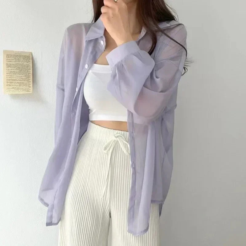 8 Colors Shirts Women Sheer Thin Chic Summer Simple Solid Sun-proof Temper Fashion Baggy All-match Basic Korean Style Clothes 250401