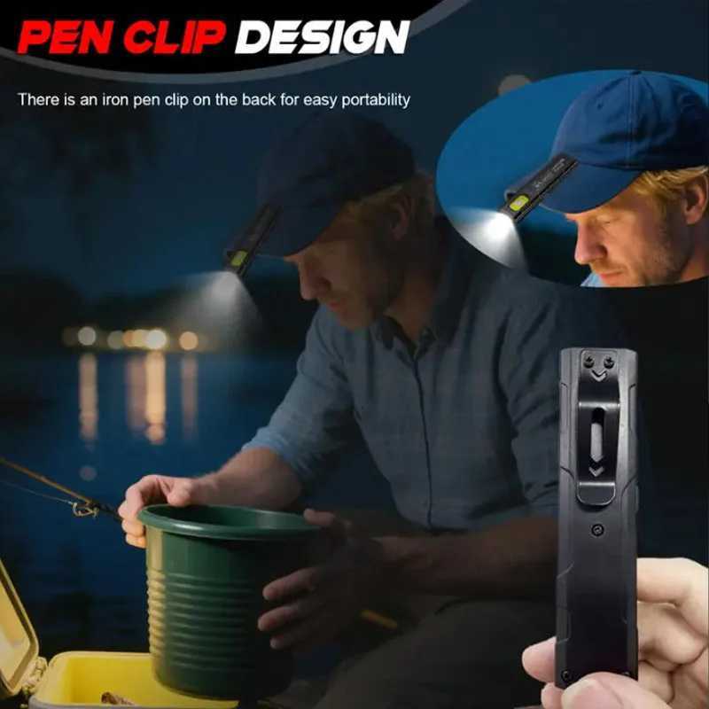 Mini Thin EDC Flashlight with Tail Magnet USB Rechargeable COB Worklight with Pen Clip for Outdoor Camping FishlingW251106