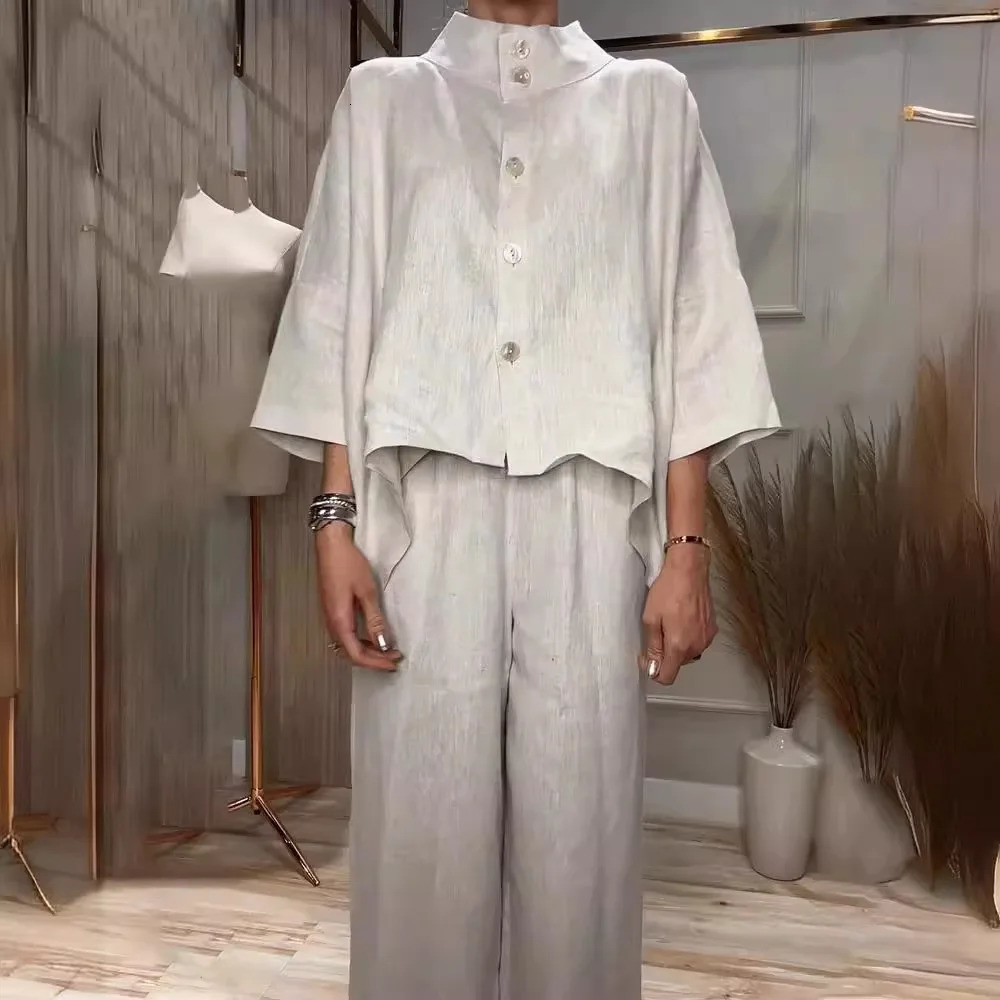 Autumn city temperature comfortable stand collar seven quart cotton linen shirt set 250401