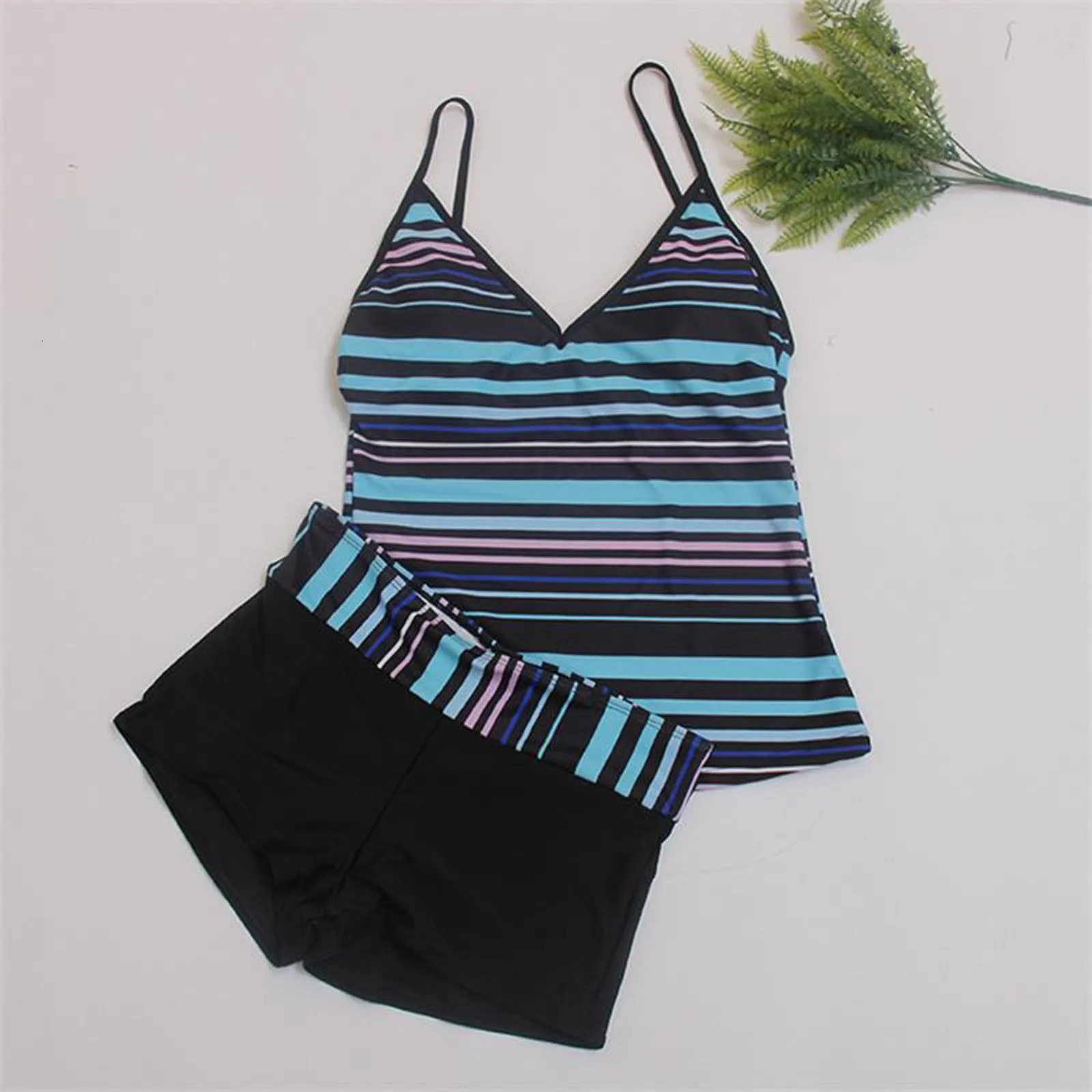 Summer Womens Swimming Suit Ladies Striped Sleeveless Swimwear Two Piece Swimsuit With Shorts Bathing Fashion Beachwear 250313