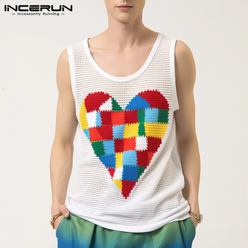 Fashionable fit top INCERUN mens colorful heart-shaped vest interesting hollow mesh sleeveless vest S-5XL 250403
