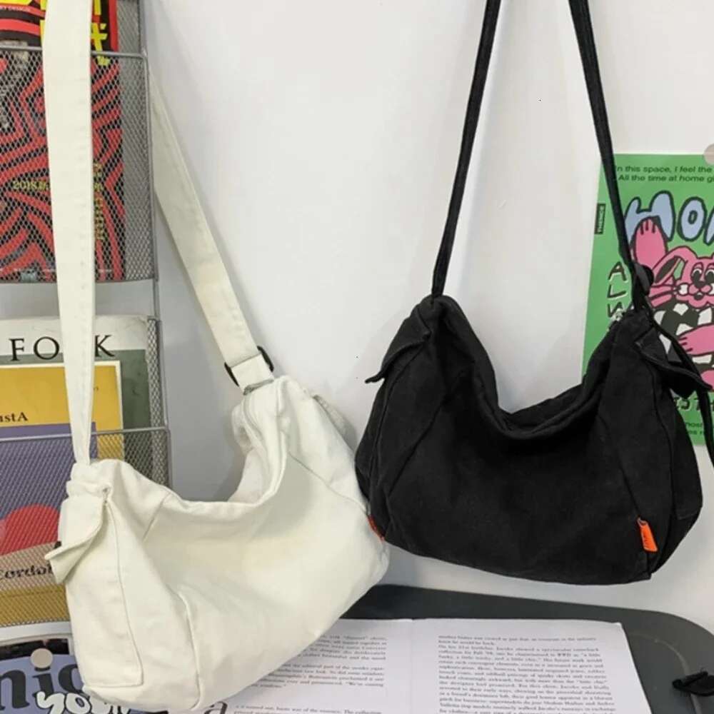Canvas Fabric Female Hobo Soft Slouchy Shoulder Y2K Student Leisure Medium Size School Book Laptop Pouch Messenger Side Bag