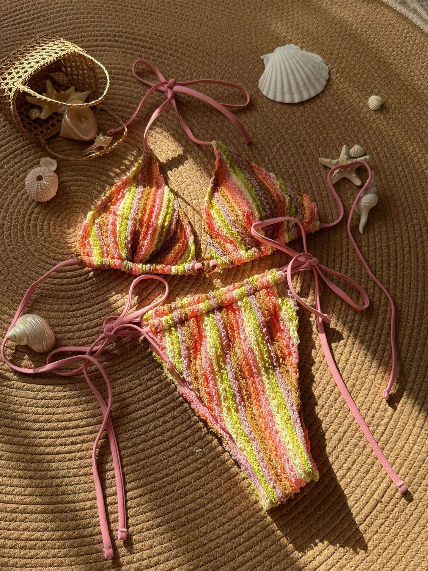 Dongdumaoyi Sexy Knitted Bikini Women Khaki Patchwork Push Up Swimsuit Brazilian Bathing Suit Pleate Drawstring Bandgae Thong Swimwear