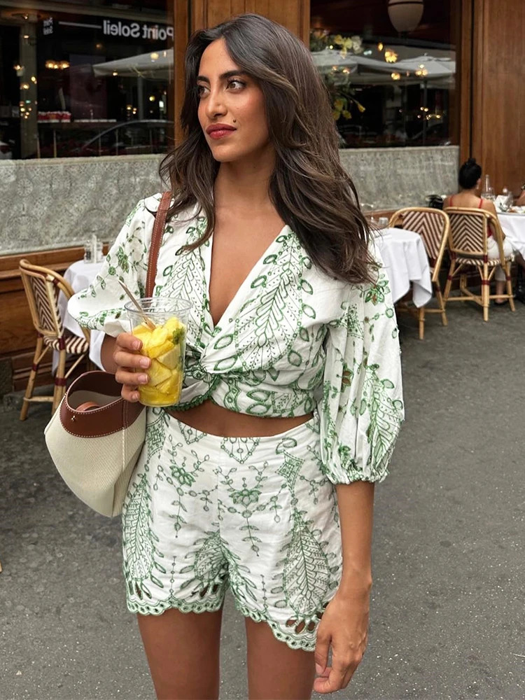 Foridol ed Hollow Set 2piece Womens Short Sleeve Half Cotton Bohemian Casual ShirtShorts Retro 250313