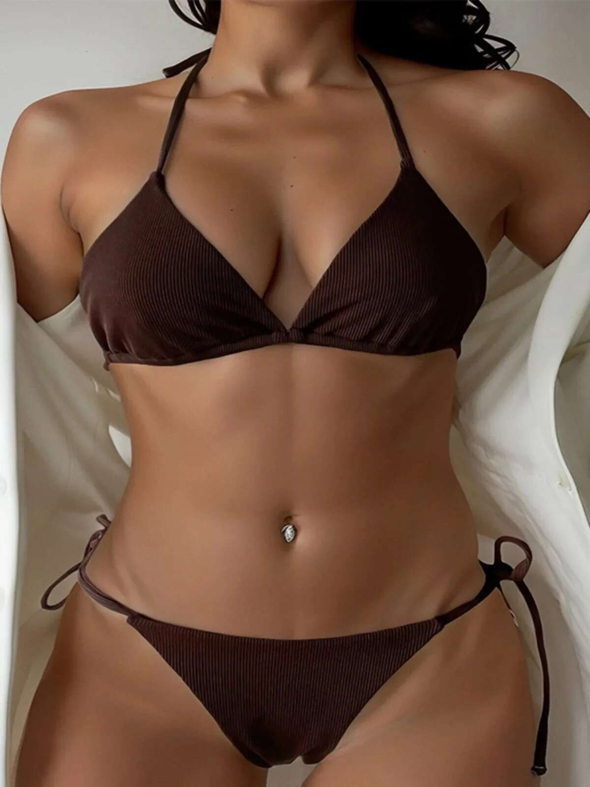 Dongdumaoyi Deep Brown Two Piece Swimsuit For Women Sexy V Neck Suspender Backless Bikini Set Low Waist Thong Beach Swimwear Bathing Suit