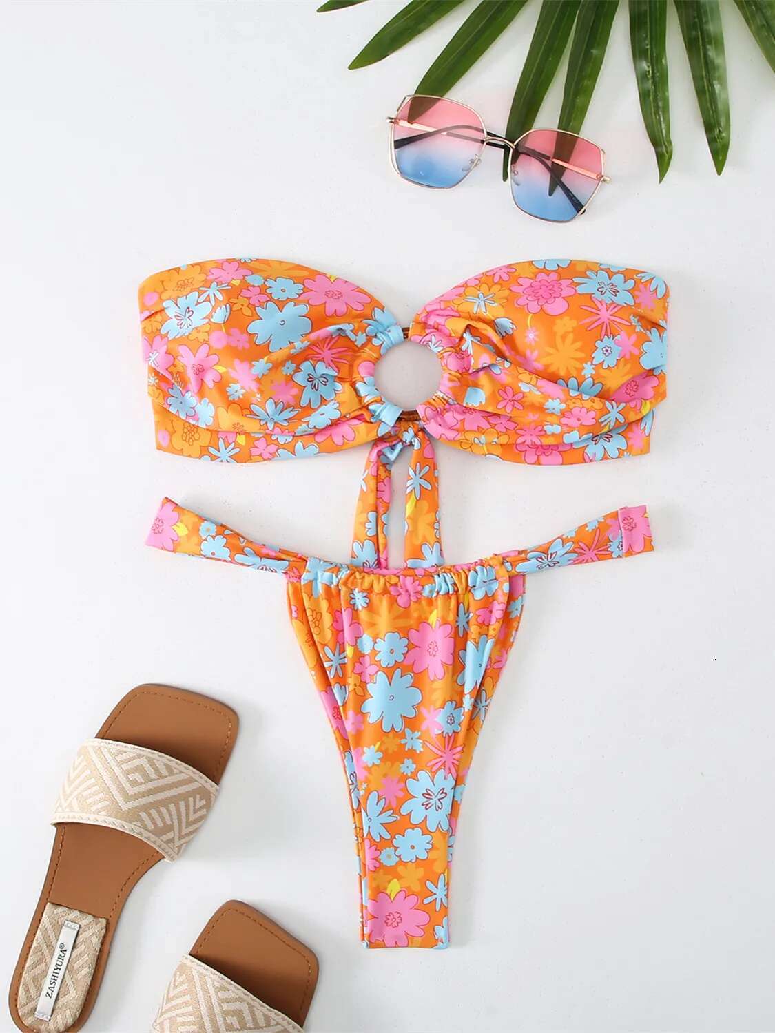 Dongdumaoyi Sexy Bandeau Bikini Set Women Yellow Floral Print Ring Linked Hollow Out Push Up Micro Swimsuit Bathing Suit Thong Swimwear