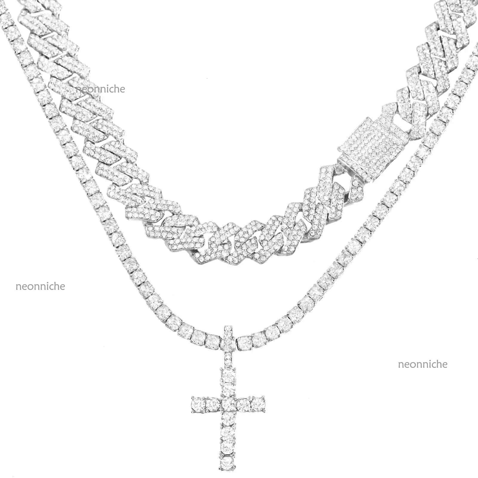 Hip Hop 2pcs Cross Tennis 14MM Prong Necklace For Men Women Iced Out 2 Row Cuban k Chain Necklaces Couple JewelryX240910