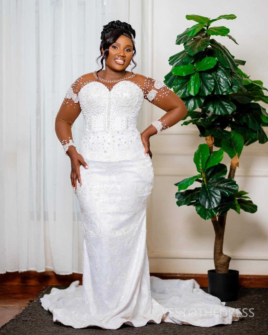 2025 Plus Size Mermaid Wedding Dress For Bride Bridal Gowns Long Sleeves Sheer Neck Long Sleeves Beaded Lace Tiered Tulle Wedding Gowns For African Bl