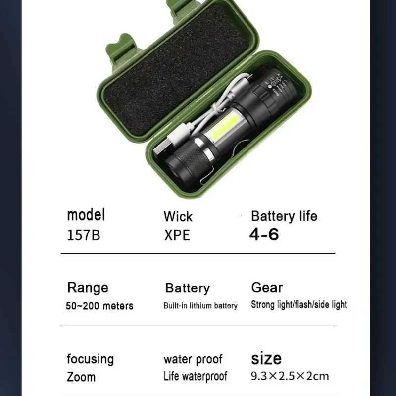 Portable LEDCOB Rechargeable Compact Telescopic Zoom Tactical Flashlight With Clip Outdoor Emergency ABS Torch WaterprootW251106