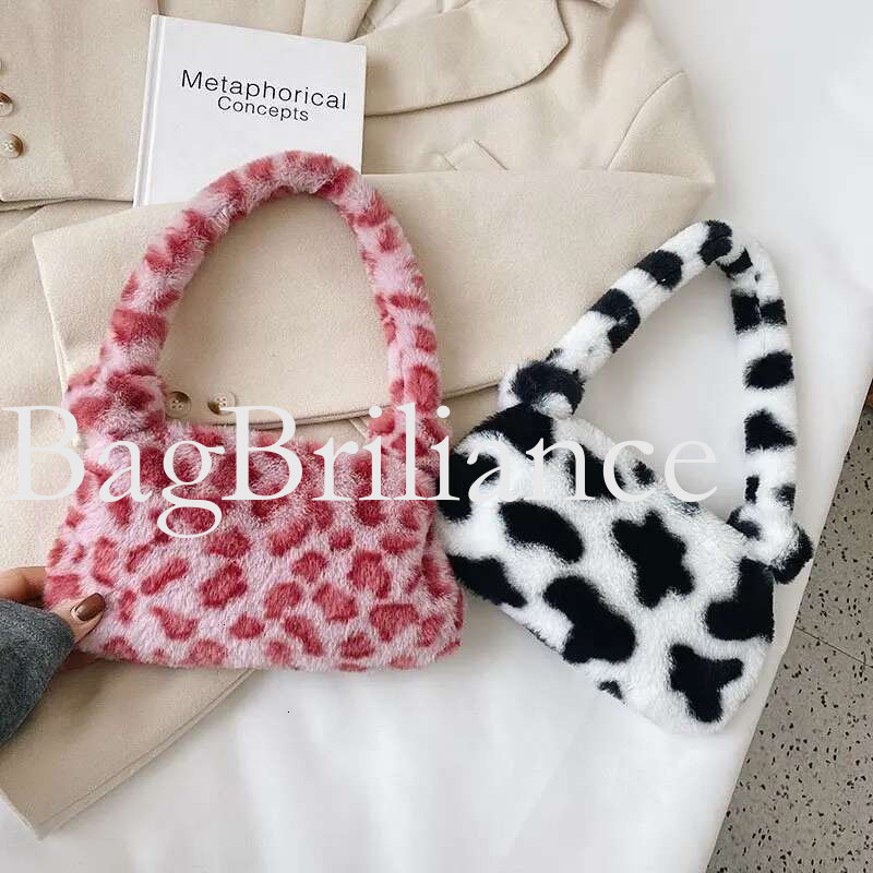 2025 Fashion Women Cow Print Mini Shoulder Female Winter Plush Underarm Leopard Zebra Pattern Fluffy Tote Bags Small Purses