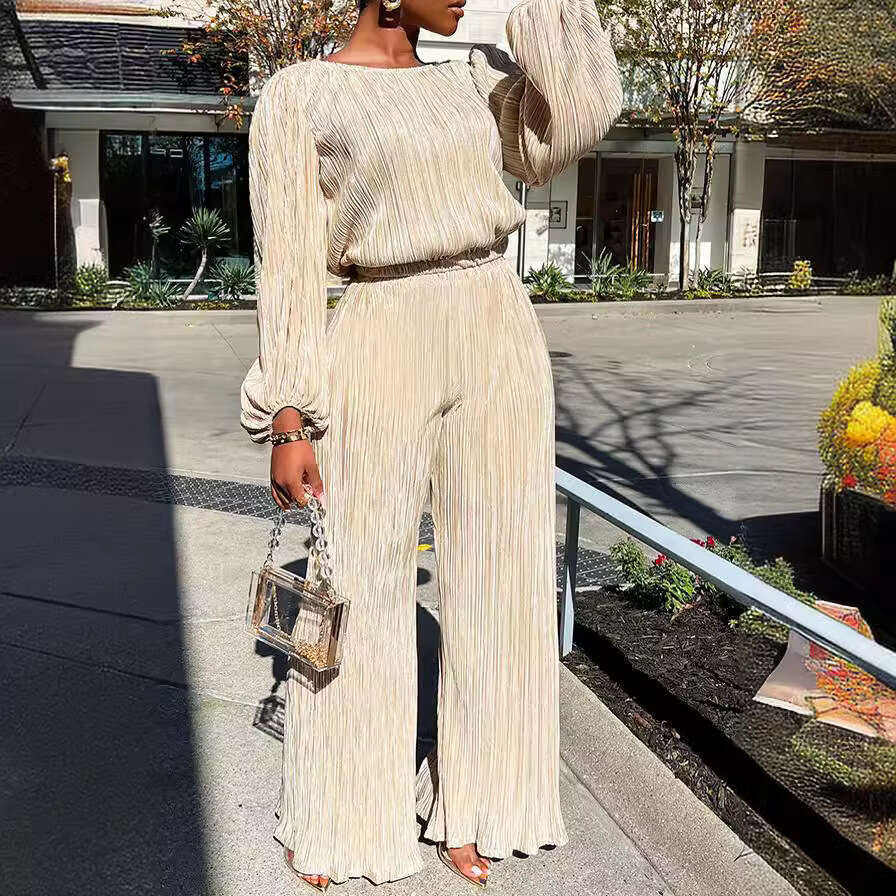 Women's 2025 Spring New Home Solid Color Loose Casual Long Sleeve High Elastic Pleated Two-Piece Set