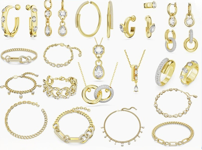 Luxury cuban twist dual rings choker necklace for women men unisex 18k gold double ring austria crystal lovers couple necklaces earrings bracelet jewelry set