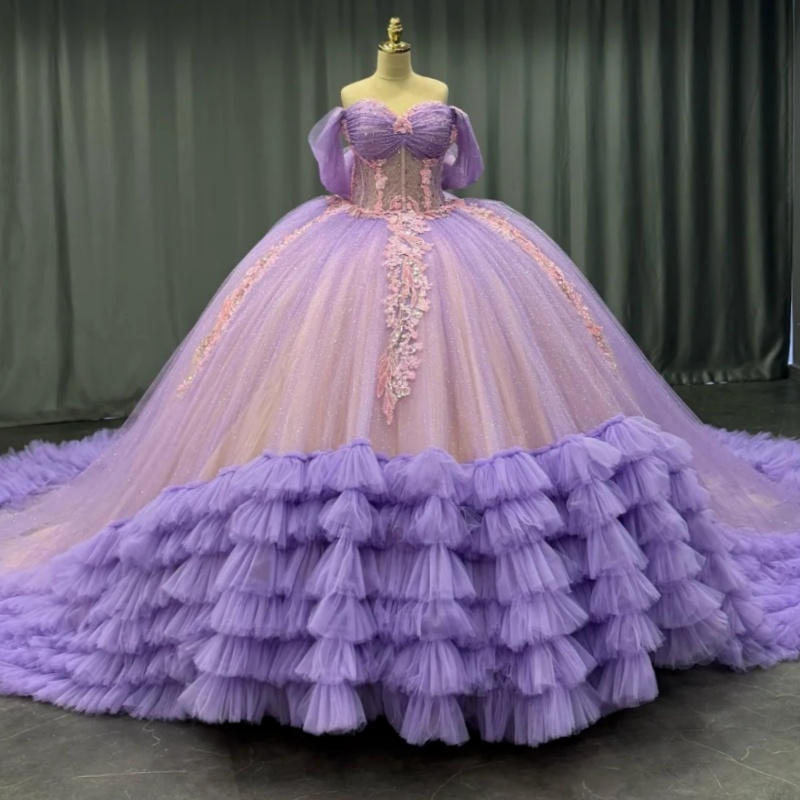 Lavender Shiny Princess Quinceanera Dresses Off Shoulder Applique Beading Crystal Tiered Tull Sweet 16 Dress Ball Gown Vestidos 15 De Anos