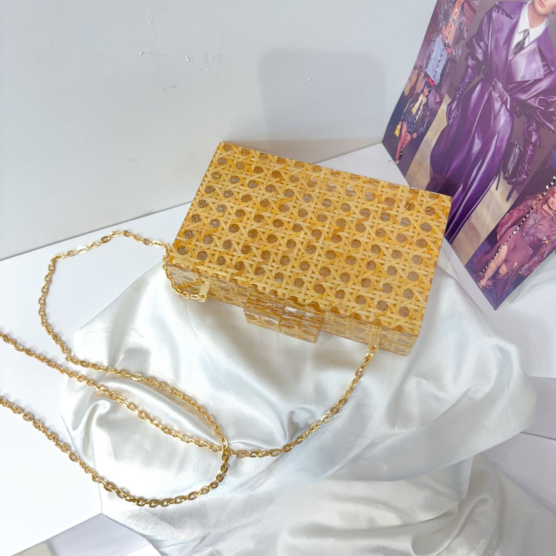 Women Rattan Acrylic Box Cane Evening Clutch Wedding Party Purses Summer Wicker Handbags Designer High Quality Woman's Bag