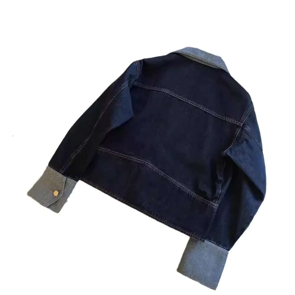 2024 New Style Women's Color Block Denim Jacket Loose Fit Casual Vintage Shirt Long Sleeve Deep Blue Outerwear Lapel