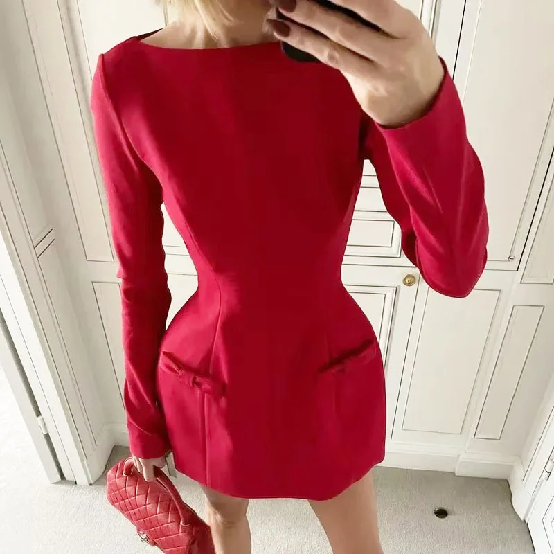 Taruxy Bows Spliced Long Sleeve Mini Dress Elegant Office Womens Solid Body Club Party Dress Autumn High Waist Fashion 250402
