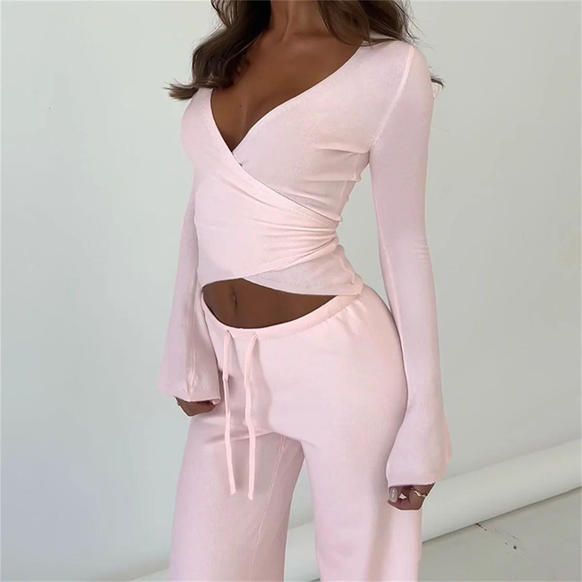 casual suit crop tie top 2piece pants set womens sweater sexy elegant pink solid twopiece tracking 250407