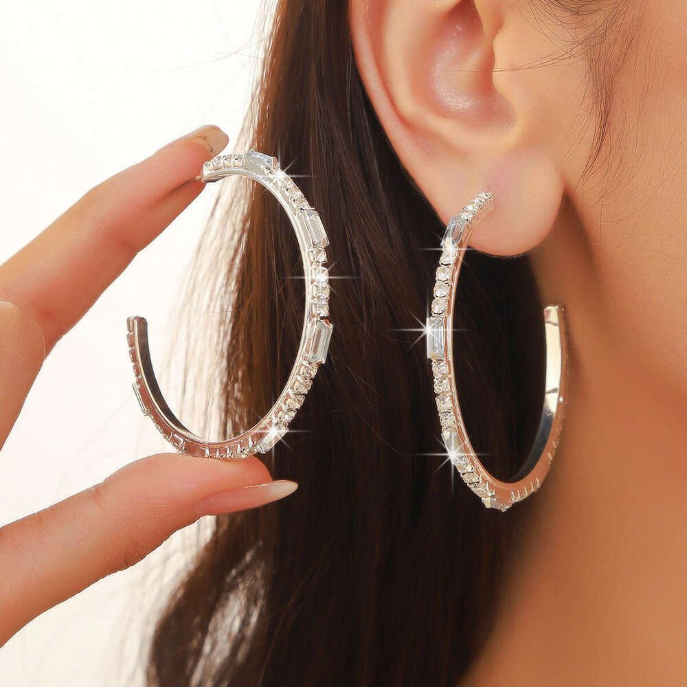 C-shaped large ring with rhies, personalized opening for women, irregular hot circular earrings, exaggerated style earrings