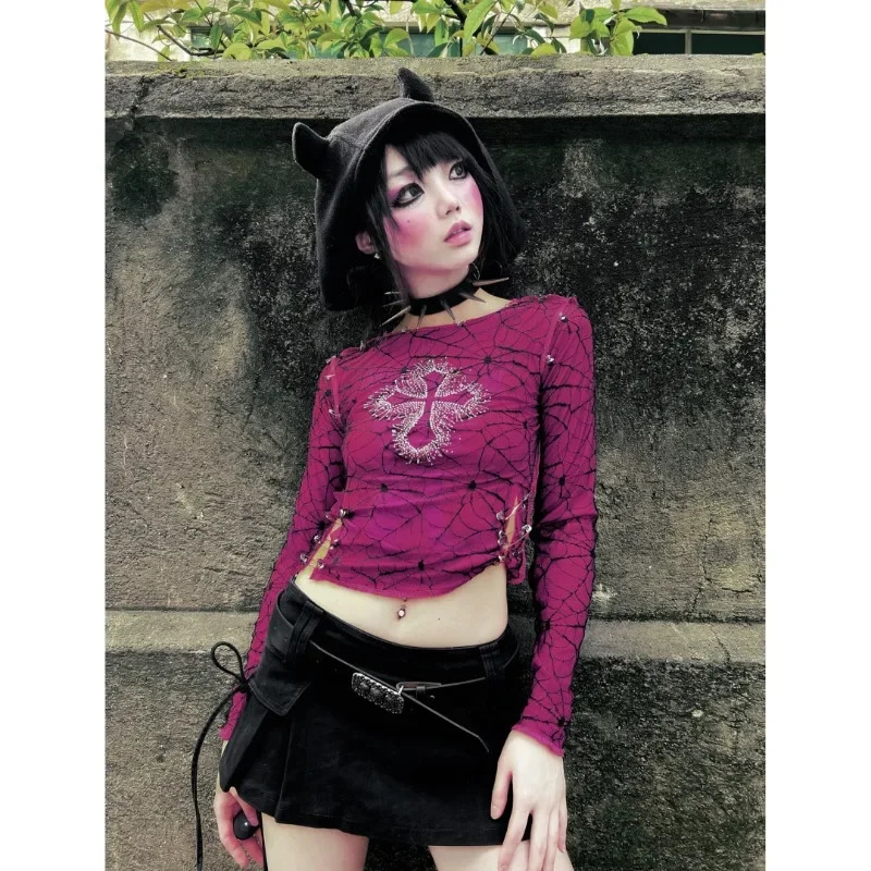 Sexy girl slim suitable for iron diamond cross highquality long sleeved Tshirt women Harajuku casual Gothic top 250407