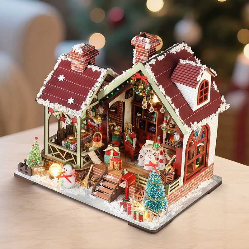 DIY Wooden Doll House Warm Christmas Lodge Casa Figurines Miniatures Assembled Dollhouse With Lights for Friends Christmas Gifts K251106