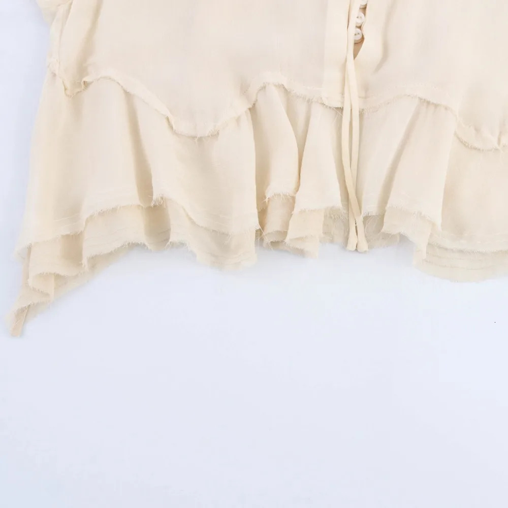 ZBZA Womens Lace Ruffle Shirt Loose Ship Neck Collar Sleeve Solid Single breasted Short SpringSummer Fashion Top 250407