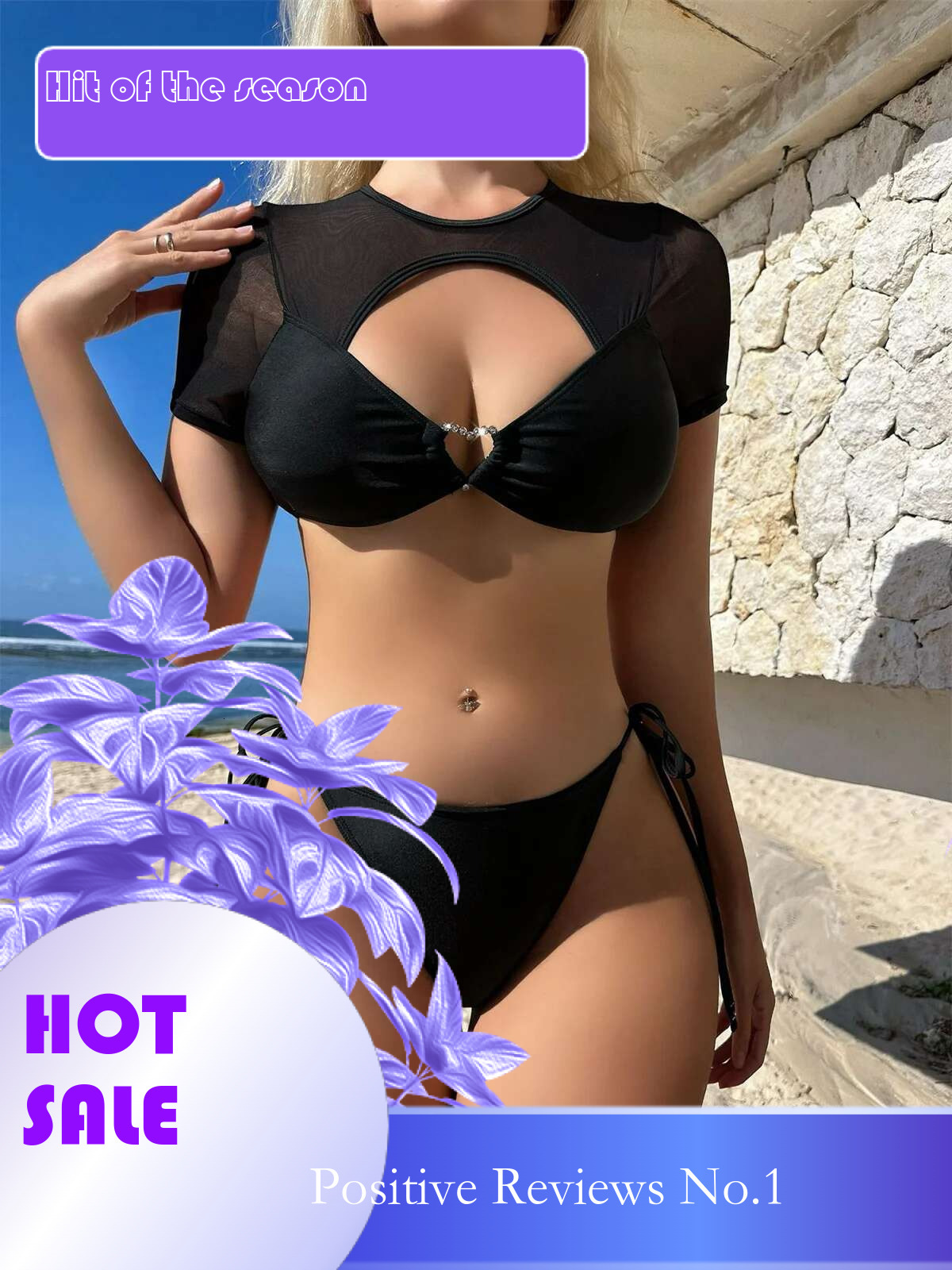 Dongdumaoyi Sexy Swimsuit Women Bikinis Black Mesh Short Sleeve Rhinestone Heart Designer Push Up Bikini Bathing Suit Thong Swimwear