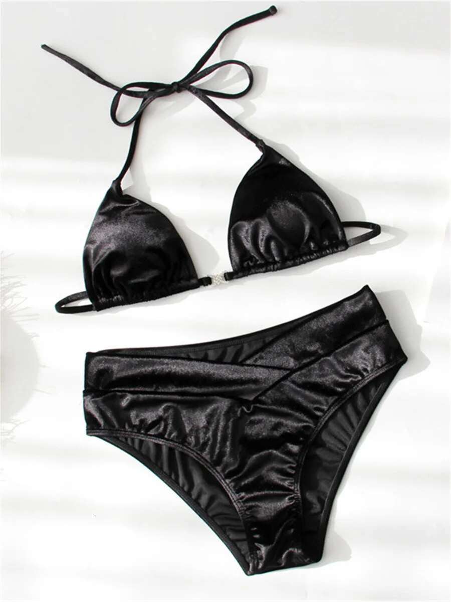 Dongdumaoyi Sexy High Waist Bikini Set Women Black Velvet Rhinestone Push Up Two Piece Swimsuit Bathing Swimming Suit Bandage Swimwear