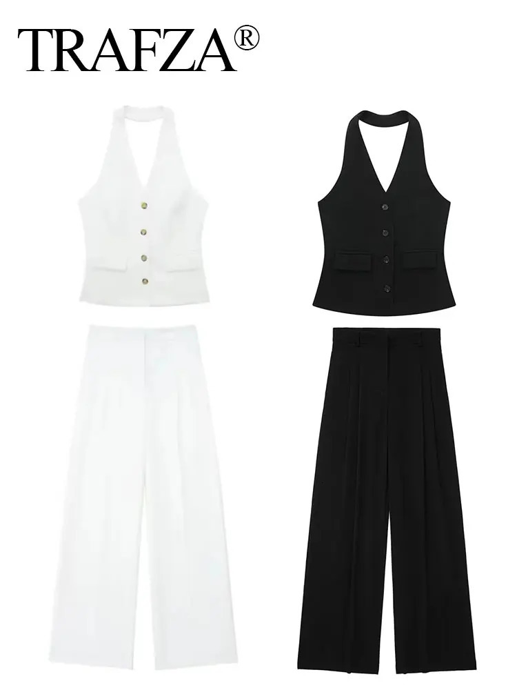 TRAFZA Women Fashion Solid Pant Suit Holder Single Breasted Sleeveless Blazer Vest Top Zipper Fly Trousers Office Lady Sets 250313