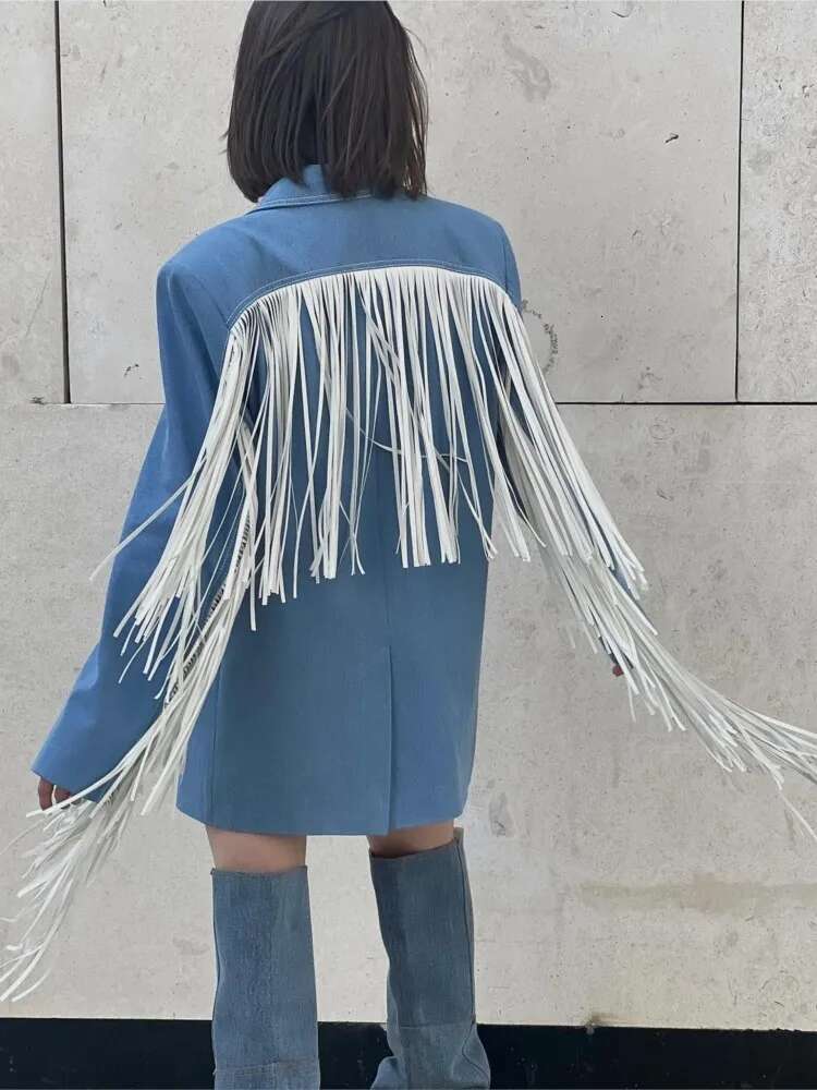 Tassel Imitation Denim Suits Jacket Flip Collar Single Button Commute Elegant Loose Casual Vintage Street Fringe Suit Top Women