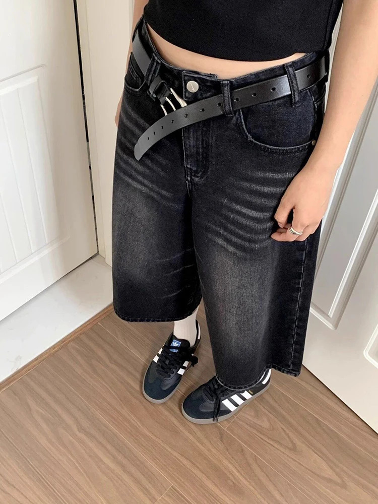High waisted black retro washed denim shorts for womens Harajuku retro fashion casual loose Y2K streetwear mid long legs wide pants 250402