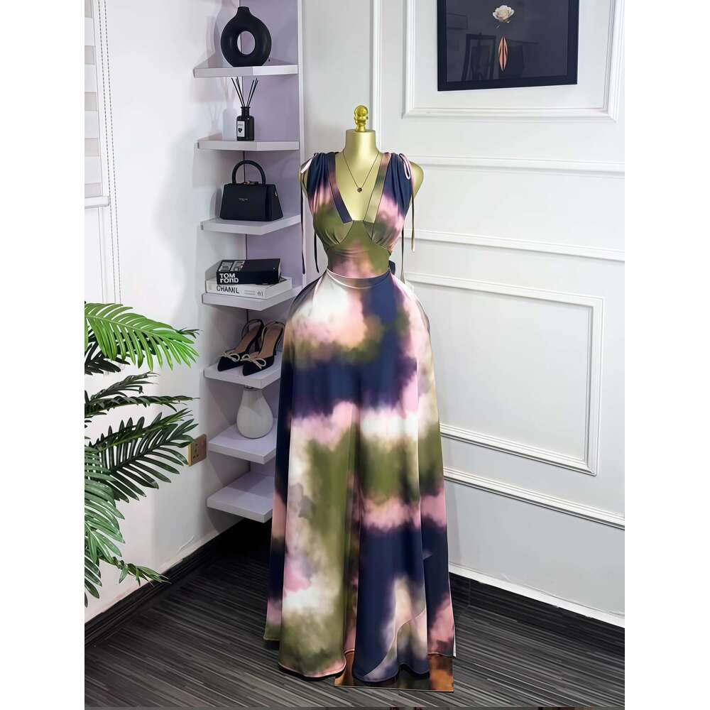 2025 Autumn New Sleeveless V-Neck Drawstring Waist-Cinching Long Elegant Dress for Women