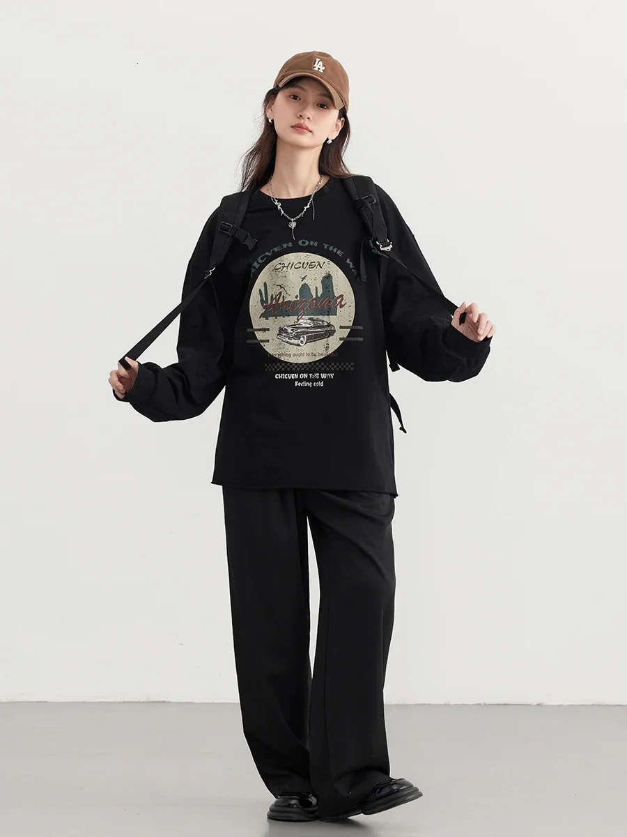 CHIC VEN Womens Tshirt Street Clothing Round Neck Letter Printed Long Sleeve Inner Top SpringSummer 250407