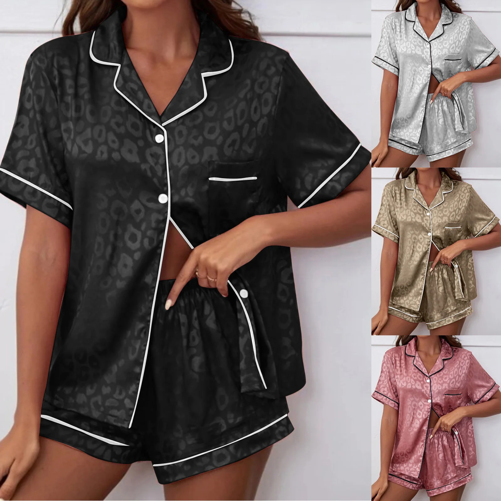 Pajama Set Womens Leopard Satin Short Sleeve Button Top with PJ Underwear 3XL 250313