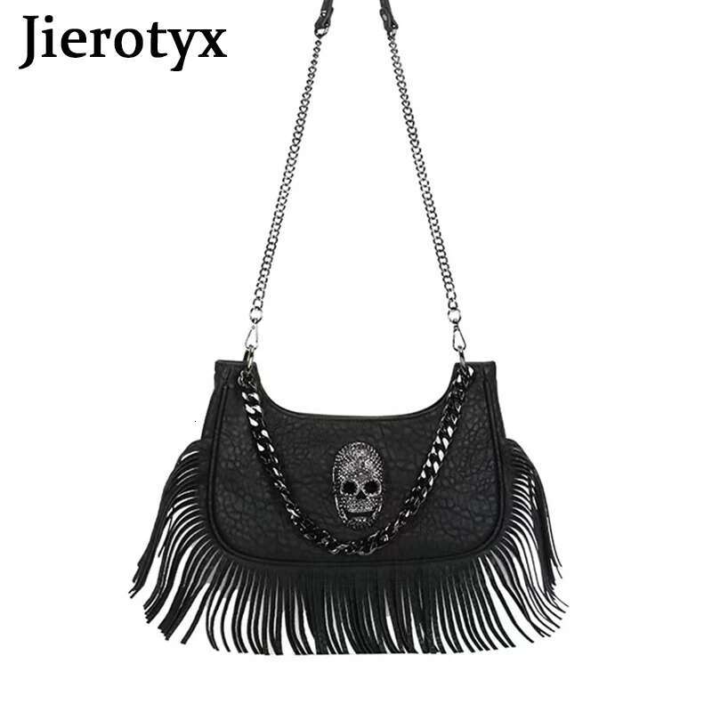 JIEROTYX Skull Face Fringed Hobo Shoulder Bag For Women Gothic Black Leather Crossbody Handbag Purse Chain Decor