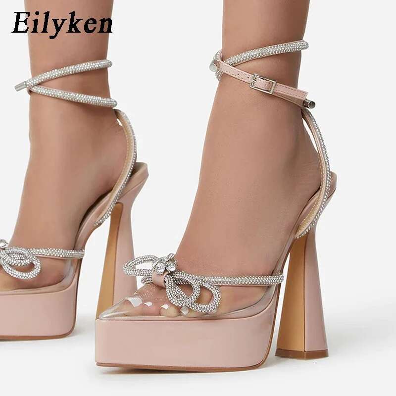 Eilyken Spring Platform Pointed Toe Women Pumps Design Transparent Crystal Butterfly-Knot Sexy High Heel Female Sandals Shoes