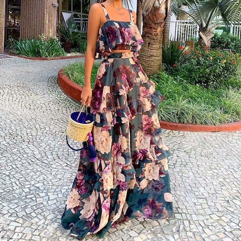 Women's Printed Two-Piece Suspender Top + Cake Long Skirt Suit Women