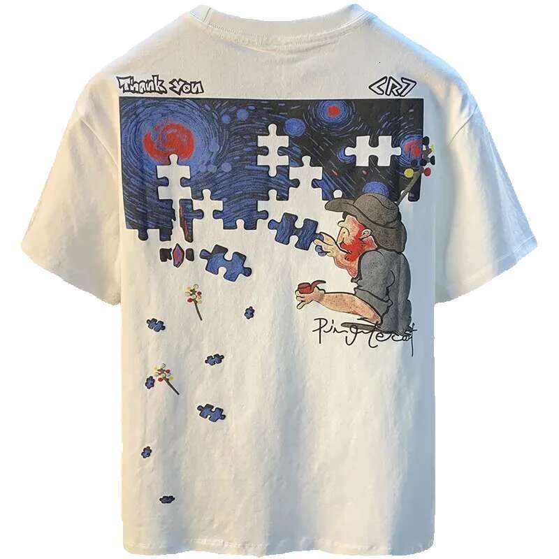 Men's short sleeved T-shirt, fashionable, abstract art print, loose, combed cotton, comfortable, summer
