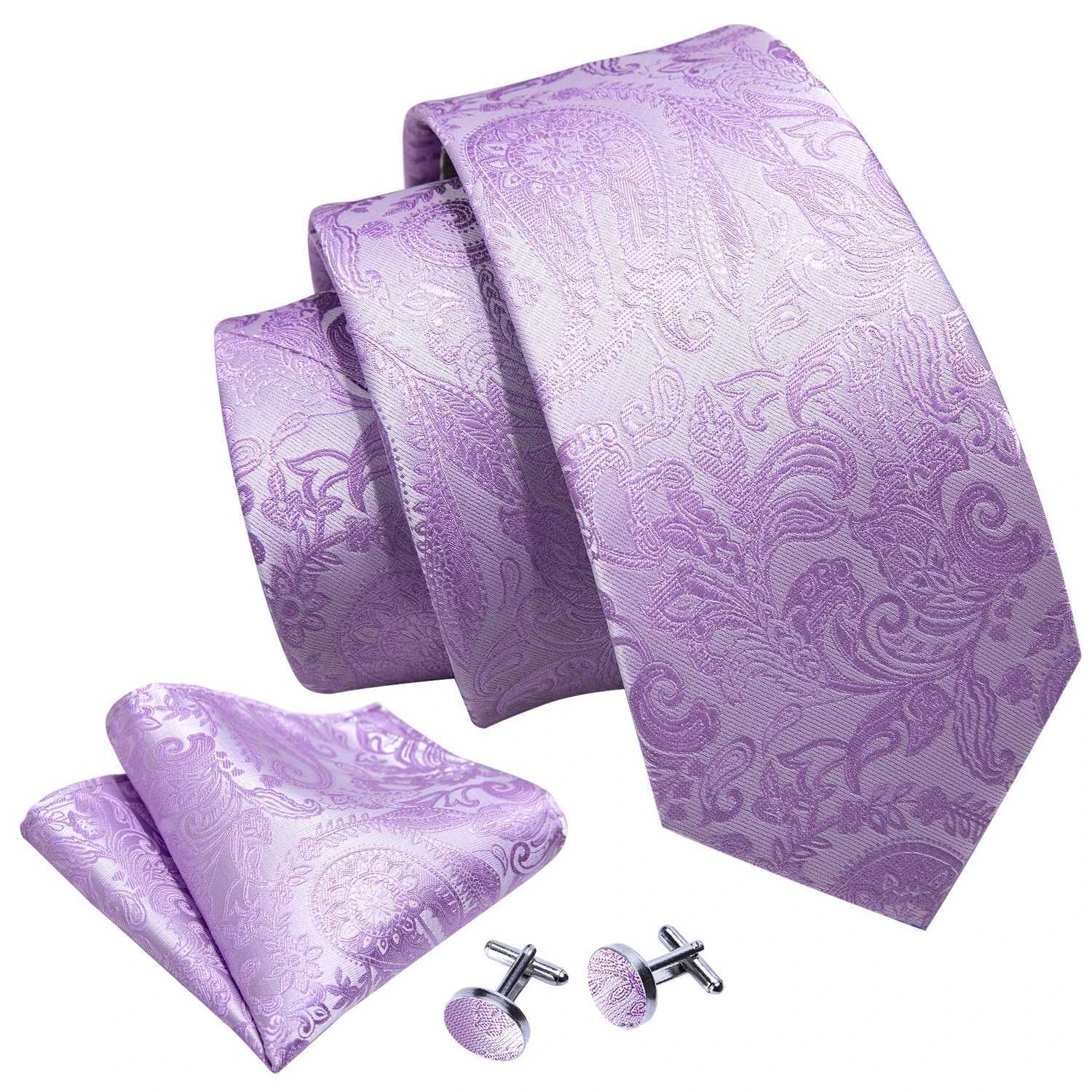 M Gift Silk Men Tie Set Purple Violet Solid Paisley Striped Wedding Business Tie for Man Necktie Handky Cufflinks Barry. X250407