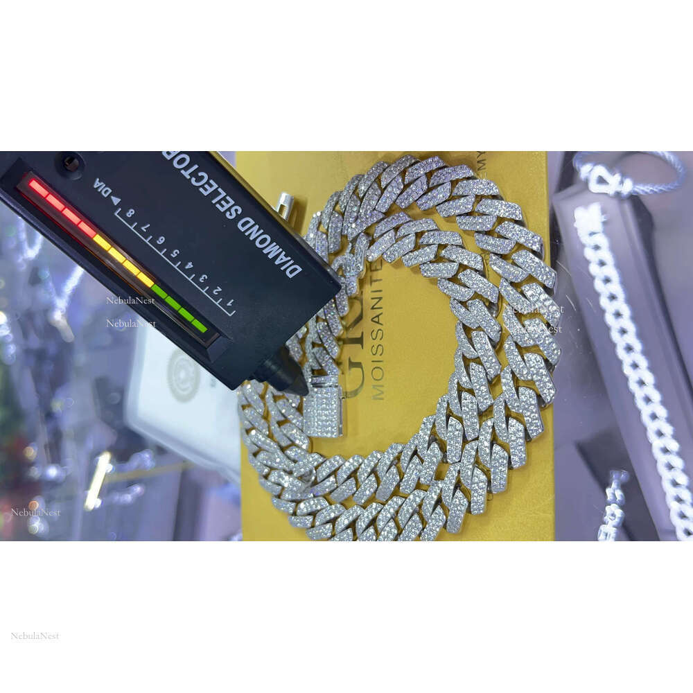 New Popular 8mm-18mm Hip-hop Sier Moissanite Rhombus Cuban Chain Men's Necklace Hiphop Sample Making