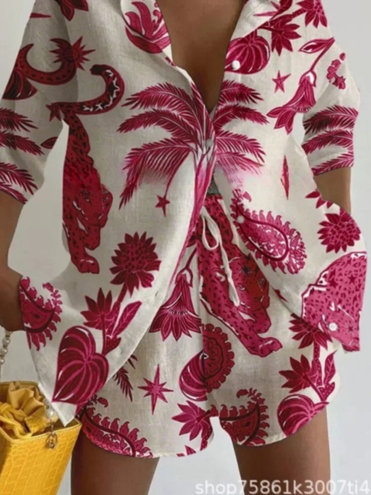 Short sleeved collar bohemian topshorts 2piece set for womens fashionable springsummer floral print seaside vacation women 250313