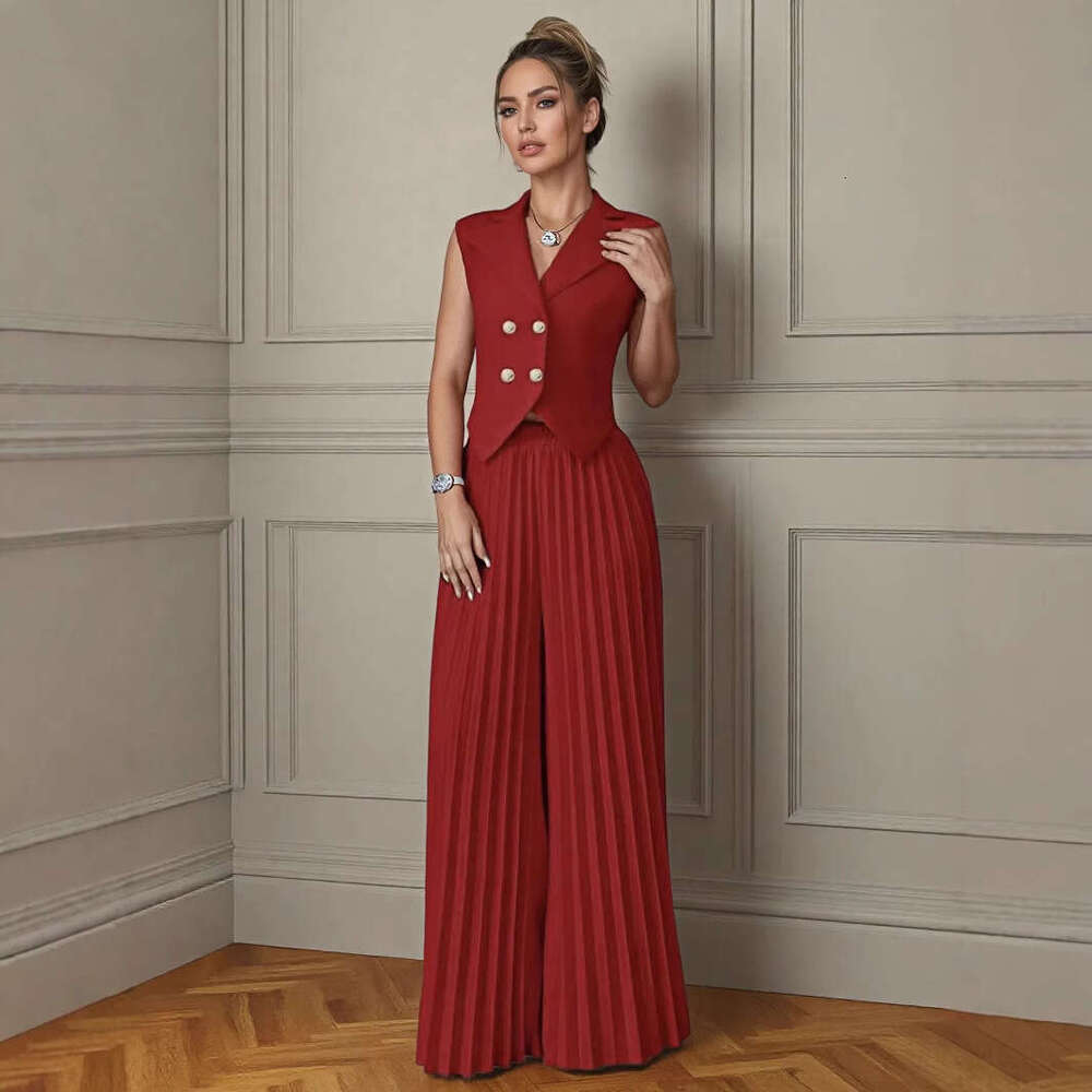 2025 Women's Cross-Border New Fashion Vest Pleated Skirt Two-Piece Set Long Pants Suit for Women