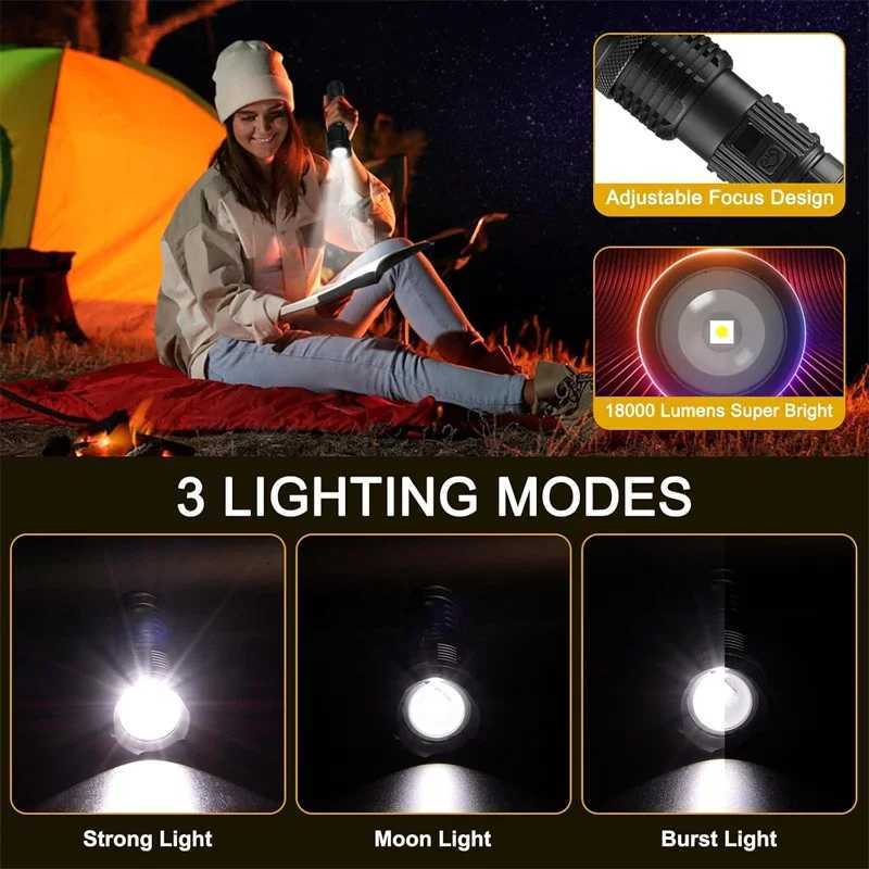 Rechargeable Flashlight with 1800 Lumens LED Display Adjustable Focus 5 Modes IPX4 Waterproof Portable Torchs for OutdoorW251106
