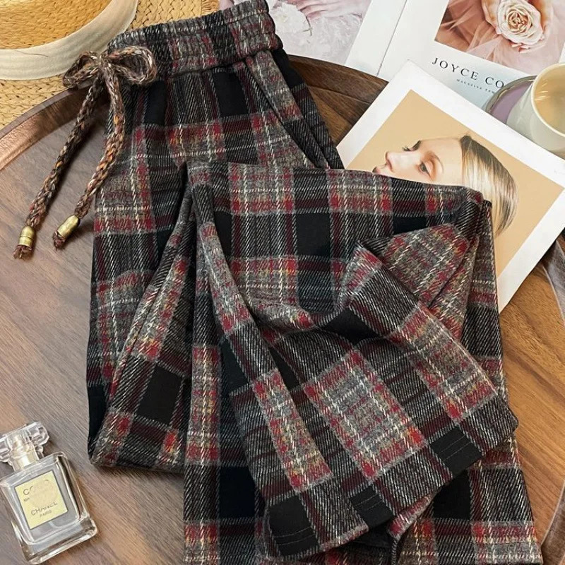 Womens Spring and Summer Wide Straightleg Casual Pants Grinding Fashion Retro Versatile Wideleg Plaid Z260314
