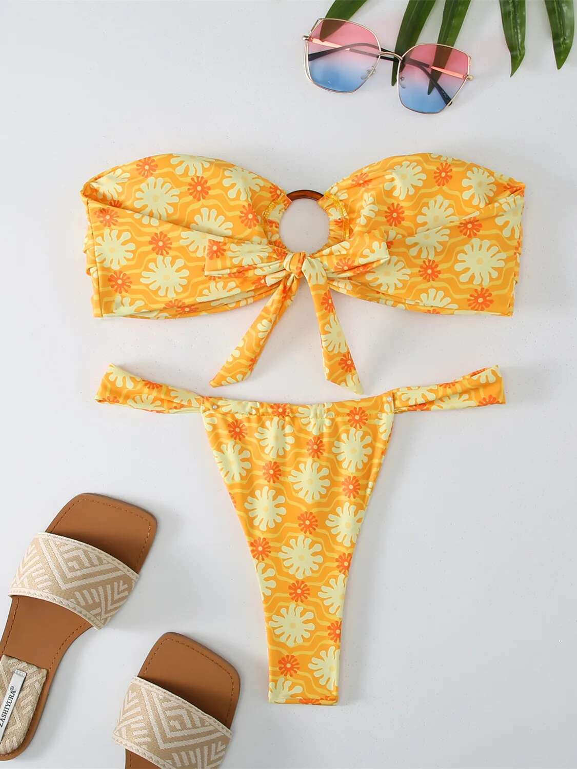 Dongdumaoyi Sexy Bandeau Bikini Set Women Yellow Floral Print Ring Linked Hollow Out Push Up Micro Swimsuit Bathing Suit Thong Swimwear