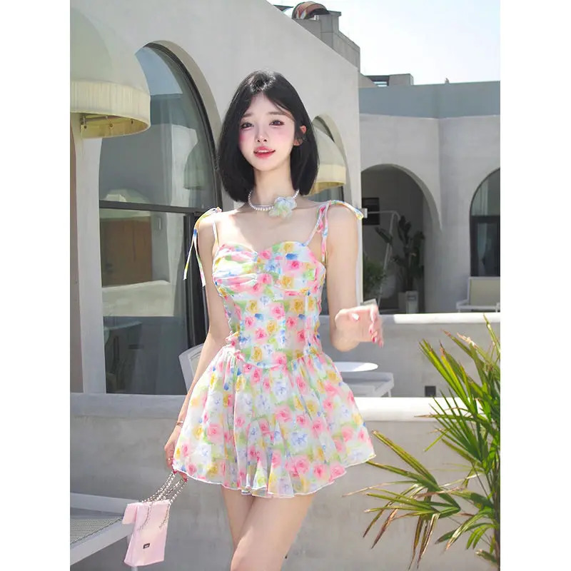 Sexy backless floral mini dress for women spaghetti strap pleated edge laminated ultra-thin elegant dress summer holiday beach party set 250401