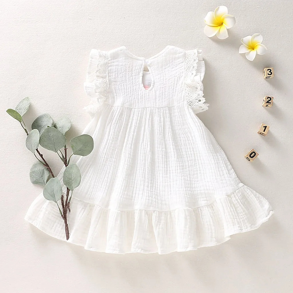Infant Baby Girls Cotton Linen Dresses Pleated Short Sleeve Delicate Embroidery Swing White Dress Summer Leisure Dress 250407